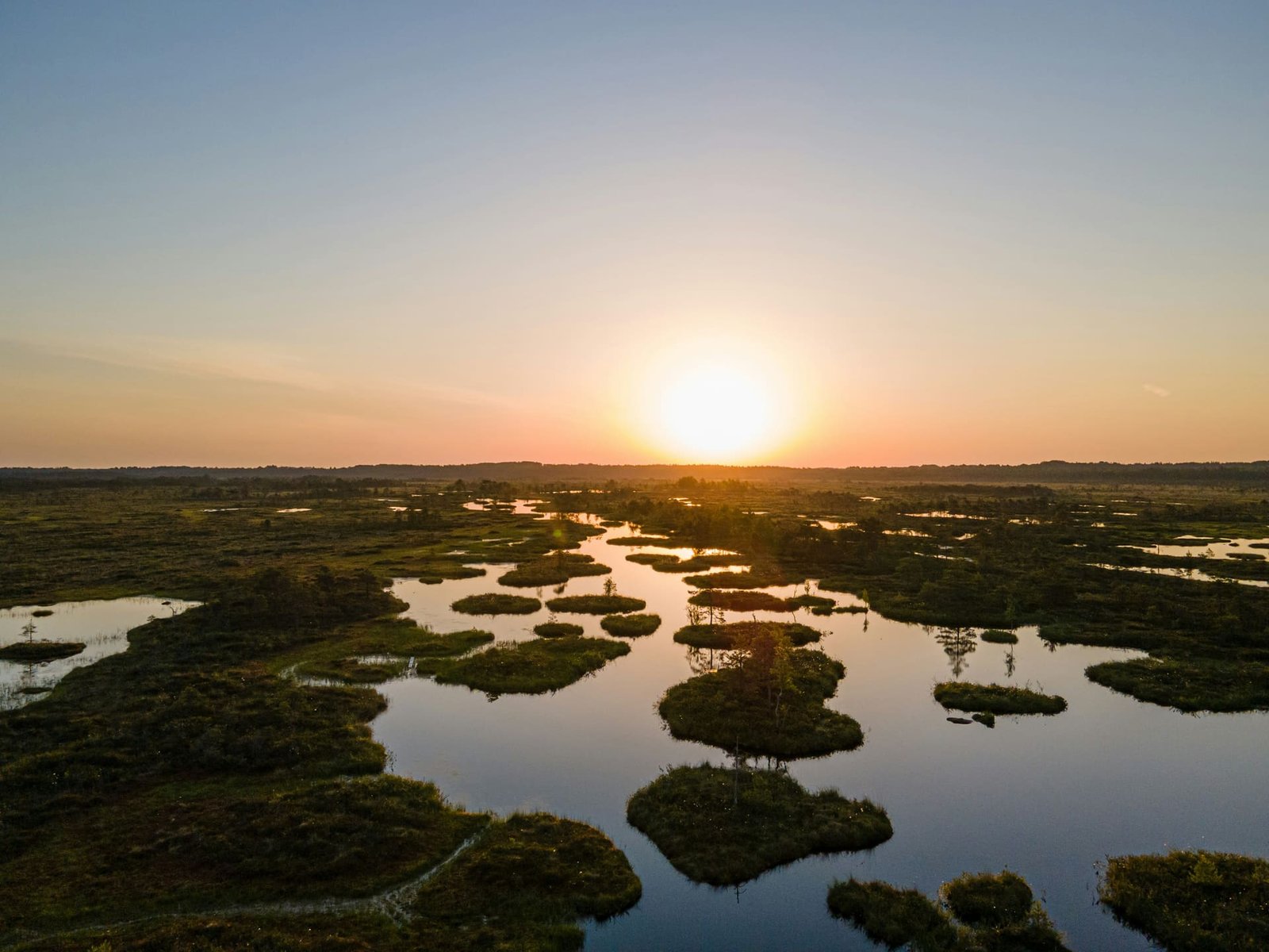 Bog pools at sunrise, scattered grass islands reflected in still water, the sun low over a flat horizon.